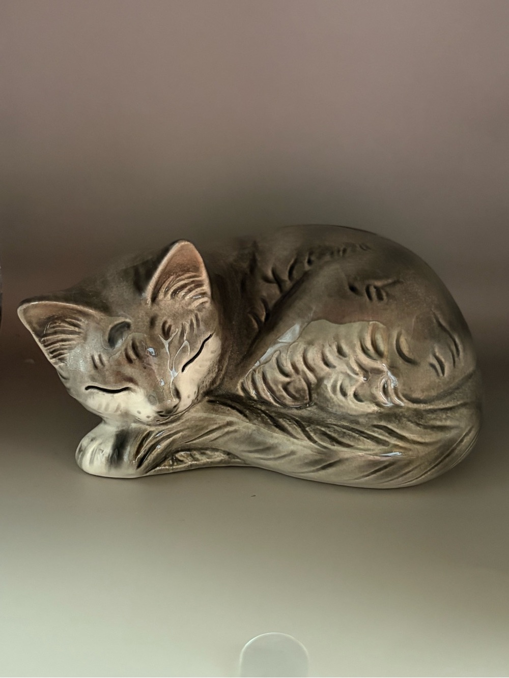 Goebel Gray and Cream Sleeping Cat Bank with Key